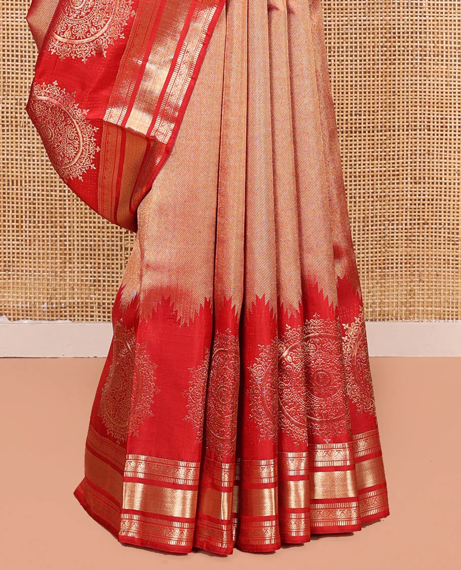 Red Kanchipuram Wedding Silk Saree, Gleamed Up with Zari and Chakram Designs on Its Body, Highlighted by a Zari Border of Muthu, Kamalam, and Vanki Designs, Intricately Designed Pallu, and Paired with a Matching Blouse - Image 4