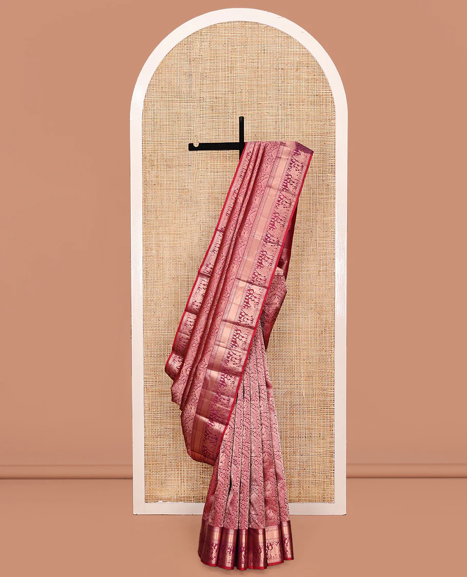 Red Kanchipuram Wedding Silk Saree, Majestically Detailed with Jacquard Design on Its Body, Highlighted by Zari Border of Rekku, Muthu, Kamalam, and Wedding-Themed Designs, Grand Pallu, and Paired with a Matching Blouse