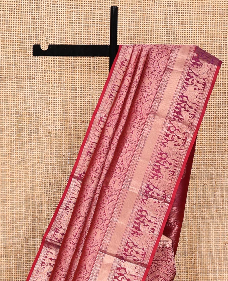 Red Kanchipuram Wedding Silk Saree, Majestically Detailed with Jacquard Design on Its Body, Highlighted by Zari Border of Rekku, Muthu, Kamalam, and Wedding-Themed Designs, Grand Pallu, and Paired with a Matching Blouse - Image 3