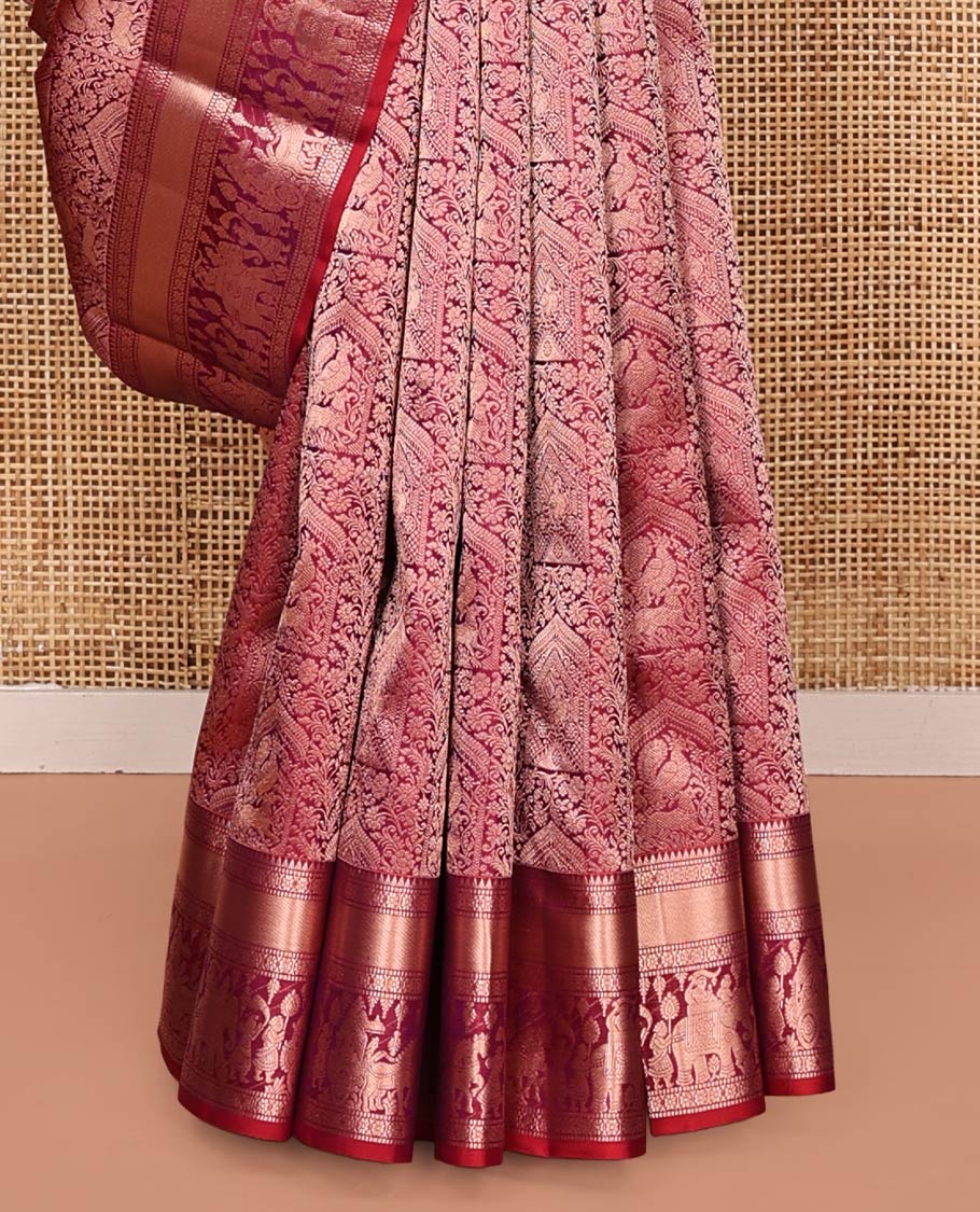 Red Kanchipuram Wedding Silk Saree, Majestically Detailed with Jacquard Design on Its Body, Highlighted by Zari Border of Rekku, Muthu, Kamalam, and Wedding-Themed Designs, Grand Pallu, and Paired with a Matching Blouse - Image 4