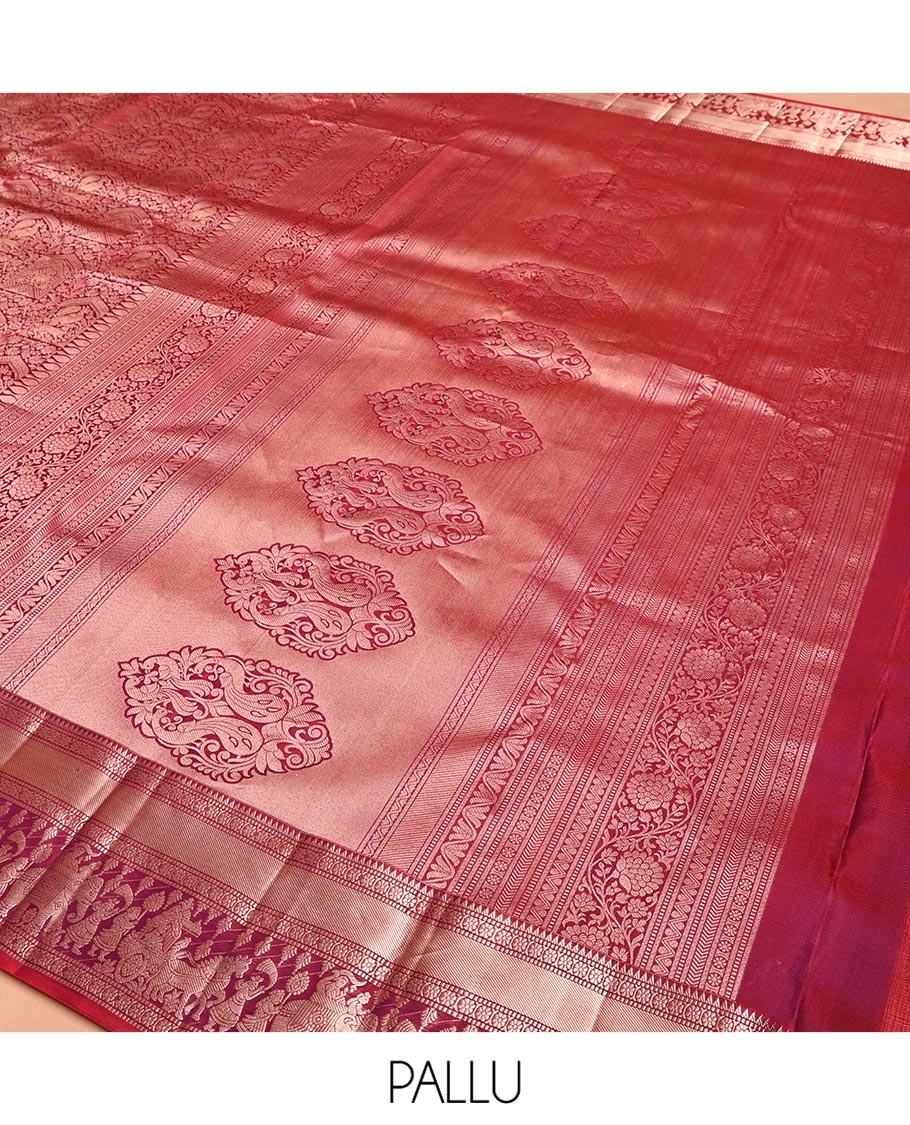 Red Kanchipuram Wedding Silk Saree, Majestically Detailed with Jacquard Design on Its Body, Highlighted by Zari Border of Rekku, Muthu, Kamalam, and Wedding-Themed Designs, Grand Pallu, and Paired with a Matching Blouse - Image 5