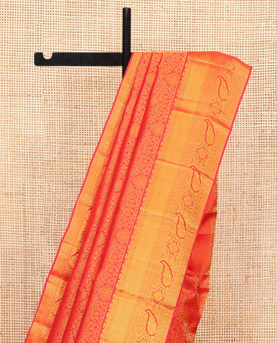 Red Kanchipuram Wedding Silk Saree, Majestically Detailed with Jacquard Design on Its Body, Highlighted by Zari Border of Traditional Designs, Grand Jaal Pallu, and Paired with a Matching Blouse - Image 3