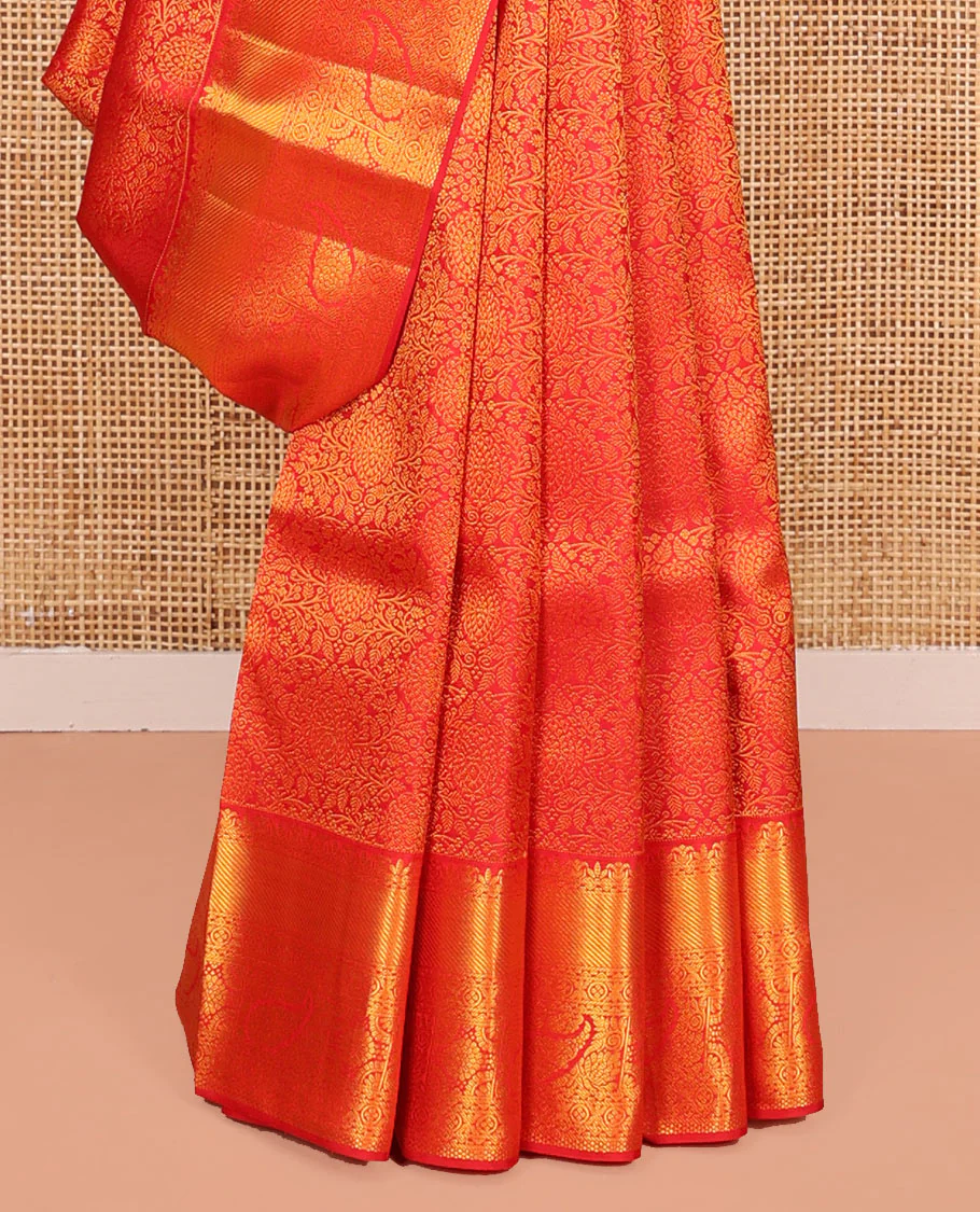 Red Kanchipuram Wedding Silk Saree, Majestically Detailed with Jacquard Design on Its Body, Highlighted by Zari Border of Traditional Designs, Grand Jaal Pallu, and Paired with a Matching Blouse - Image 4