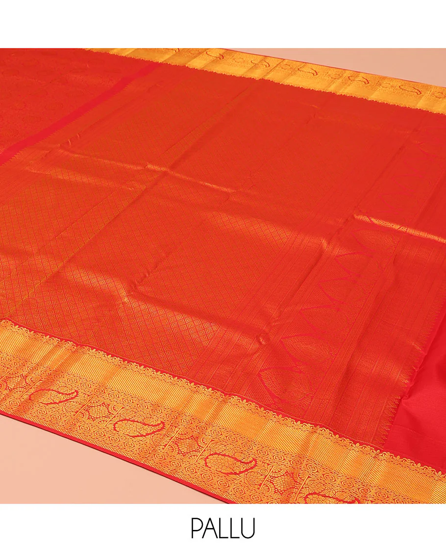 Red Kanchipuram Wedding Silk Saree, Majestically Detailed with Jacquard Design on Its Body, Highlighted by Zari Border of Traditional Designs, Grand Jaal Pallu, and Paired with a Matching Blouse - Image 5