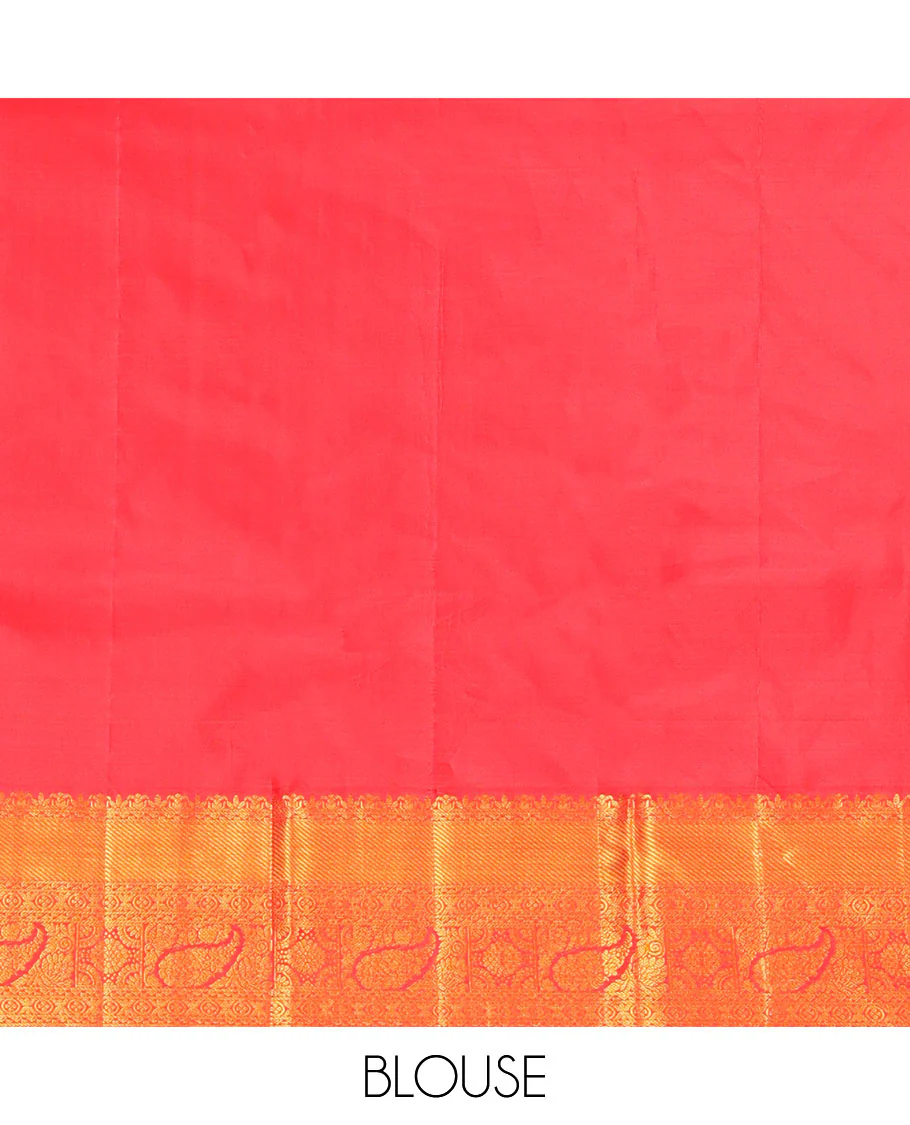 Red Kanchipuram Wedding Silk Saree, Majestically Detailed with Jacquard Design on Its Body, Highlighted by Zari Border of Traditional Designs, Grand Jaal Pallu, and Paired with a Matching Blouse - Image 6