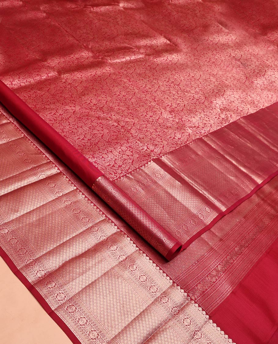Red Kanchipuram Wedding Silk Saree, Opulently Embellished with Jacquard Design on Its Body, Highlighted by Zari Border of Kathir, Kamalam, Diamond, and Jaal Designs, Grand Jaal Pallu, and Paired with a Matching Blouse - Image 2