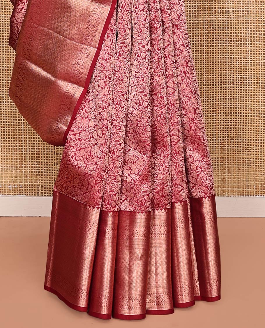 Red Kanchipuram Wedding Silk Saree, Opulently Embellished with Jacquard Design on Its Body, Highlighted by Zari Border of Kathir, Kamalam, Diamond, and Jaal Designs, Grand Jaal Pallu, and Paired with a Matching Blouse - Image 4