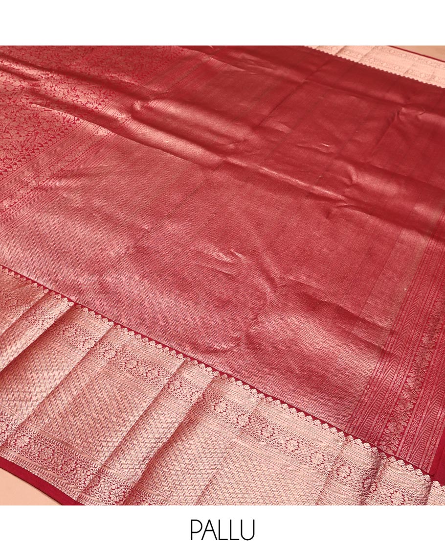 Red Kanchipuram Wedding Silk Saree, Opulently Embellished with Jacquard Design on Its Body, Highlighted by Zari Border of Kathir, Kamalam, Diamond, and Jaal Designs, Grand Jaal Pallu, and Paired with a Matching Blouse - Image 5