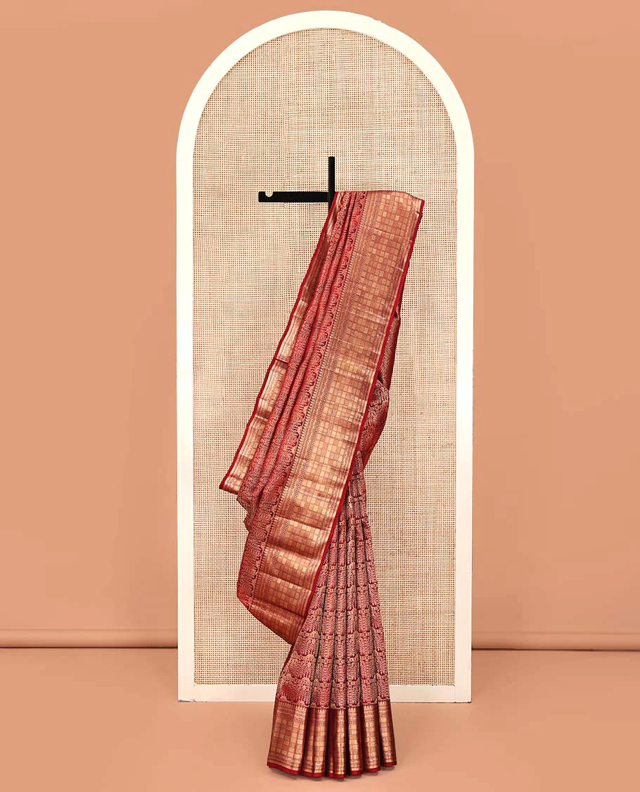 Red Kanchipuram Wedding Silk Saree, Regally Decorated with Jacquard Design Weave, Highlighted by Zari Border of Manga Mokku, Banaras, Neli, Ara Bogudi, Mayil Kann, and Paiyadi Kattam Designs, Grand Pallu, and Paired with a Matching Blouse