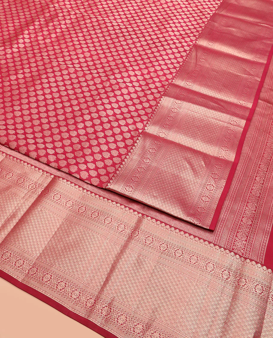 Red Kanchipuram Wedding Silk Saree Richly Detailed with Zari Buttas, Highlighted with Zari Border of Poun, Kathir, Neli, Kamalam, Diamond, Manga, and Mayil Kann Designs, Grandly Zari-Woven Jaal Pallu, and Paired with a Matching Blouse - Image 3