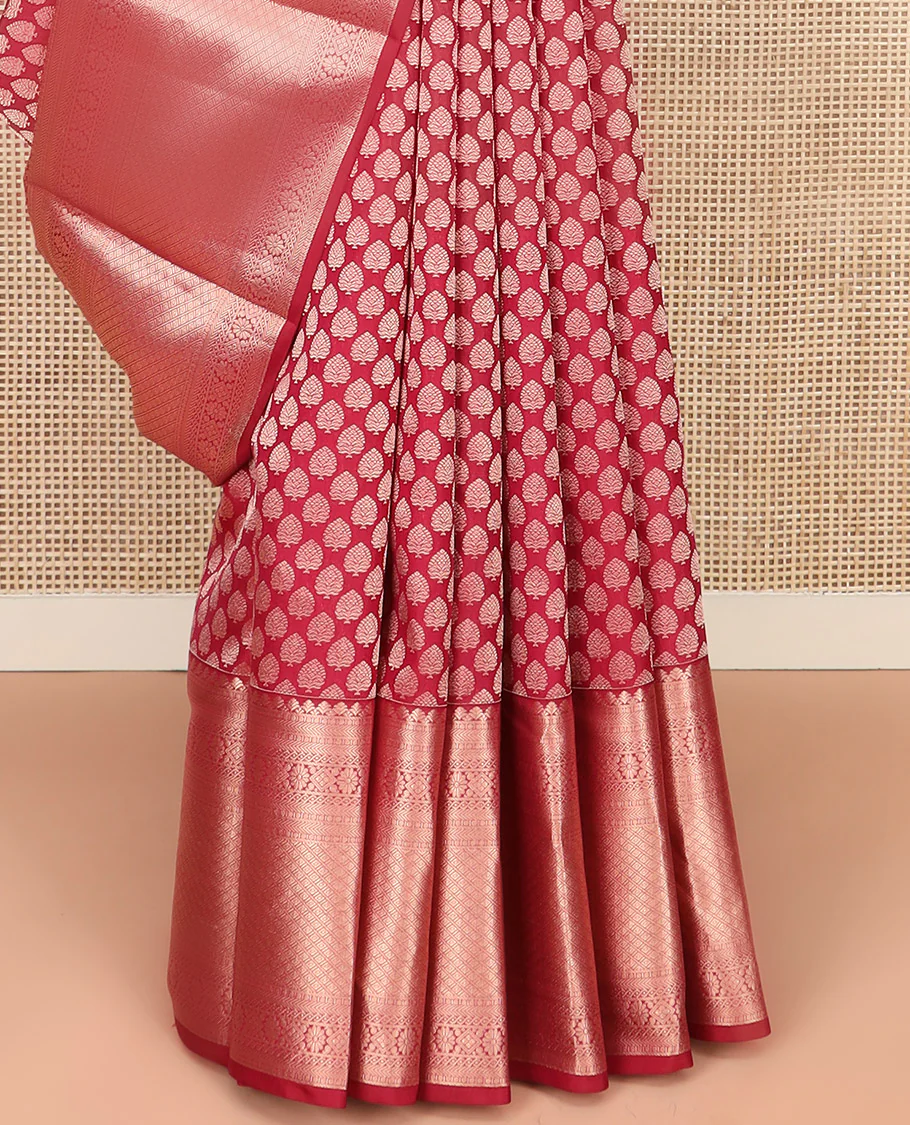 Red Kanchipuram Wedding Silk Saree Richly Detailed with Zari Buttas, Highlighted with Zari Border of Poun, Kathir, Neli, Kamalam, Diamond, Manga, and Mayil Kann Designs, Grandly Zari-Woven Jaal Pallu, and Paired with a Matching Blouse - Image 4