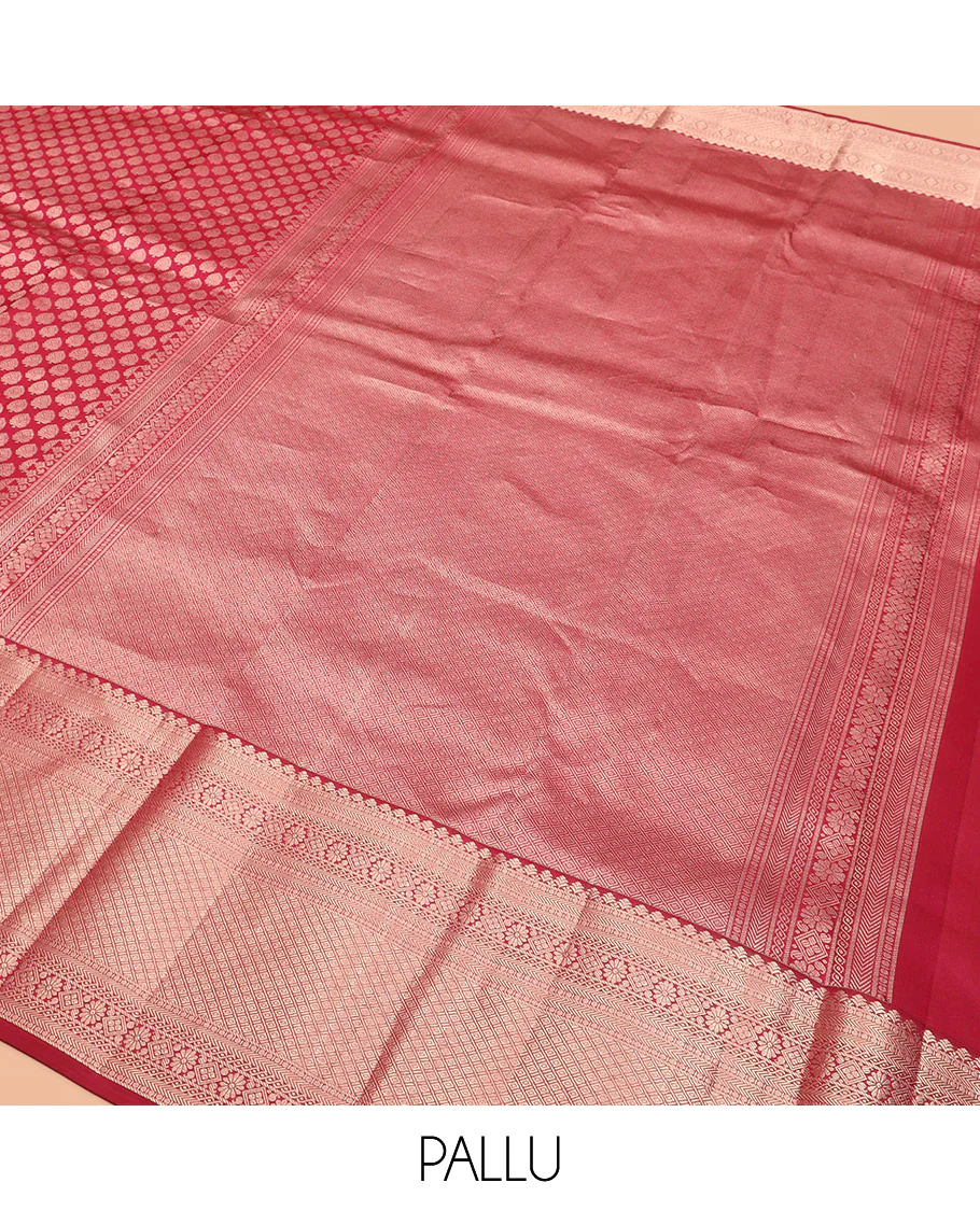 Red Kanchipuram Wedding Silk Saree Richly Detailed with Zari Buttas, Highlighted with Zari Border of Poun, Kathir, Neli, Kamalam, Diamond, Manga, and Mayil Kann Designs, Grandly Zari-Woven Jaal Pallu, and Paired with a Matching Blouse - Image 5