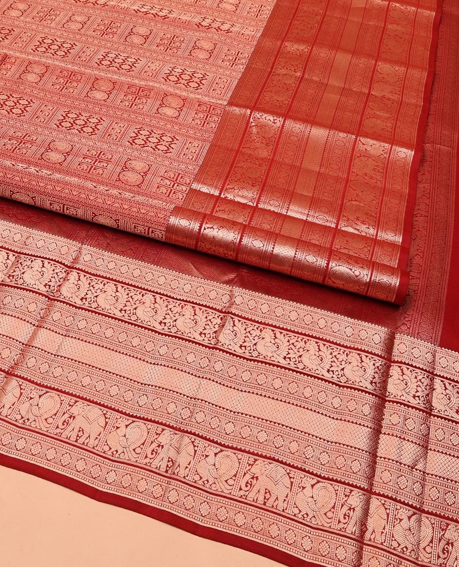 Red Kanchipuram Wedding Silk Saree, Spotlighted with Jacquard on Its Body, Highlighted by a Zari Border of Rekku, Muthu, Laddu Kamalam, Mayil, Mayil Kann, Ad Yaanai Designs, Meticulously Crafted Pallu, and Paired with a Matching Blouse - Image 2