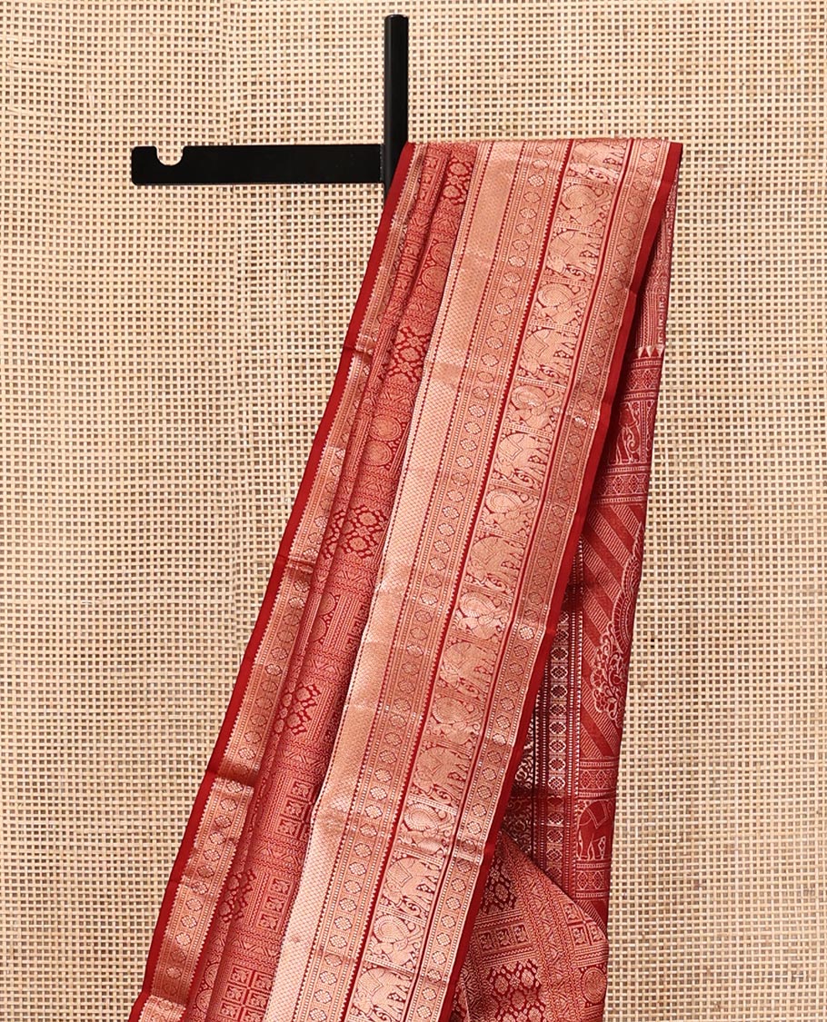 Red Kanchipuram Wedding Silk Saree, Spotlighted with Jacquard on Its Body, Highlighted by a Zari Border of Rekku, Muthu, Laddu Kamalam, Mayil, Mayil Kann, Ad Yaanai Designs, Meticulously Crafted Pallu, and Paired with a Matching Blouse - Image 3