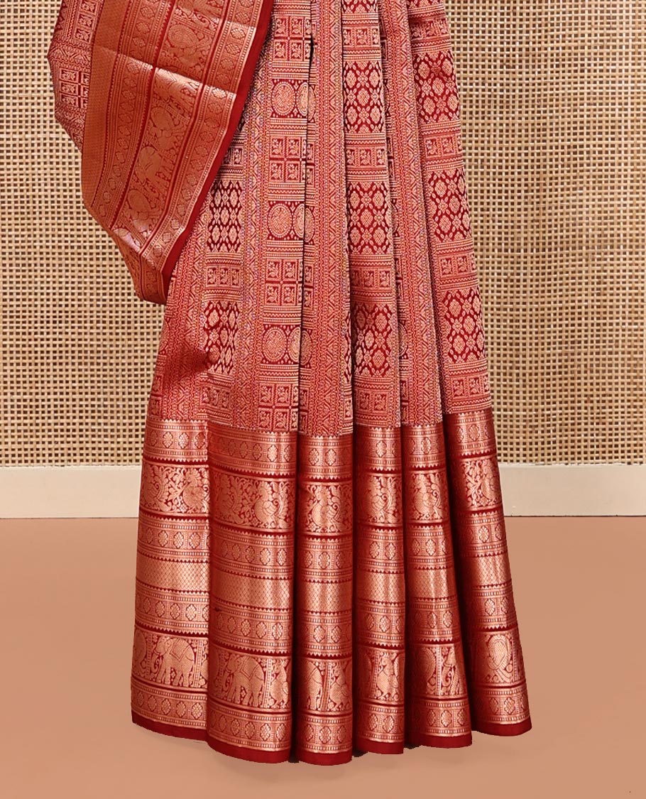Red Kanchipuram Wedding Silk Saree, Spotlighted with Jacquard on Its Body, Highlighted by a Zari Border of Rekku, Muthu, Laddu Kamalam, Mayil, Mayil Kann, Ad Yaanai Designs, Meticulously Crafted Pallu, and Paired with a Matching Blouse - Image 4