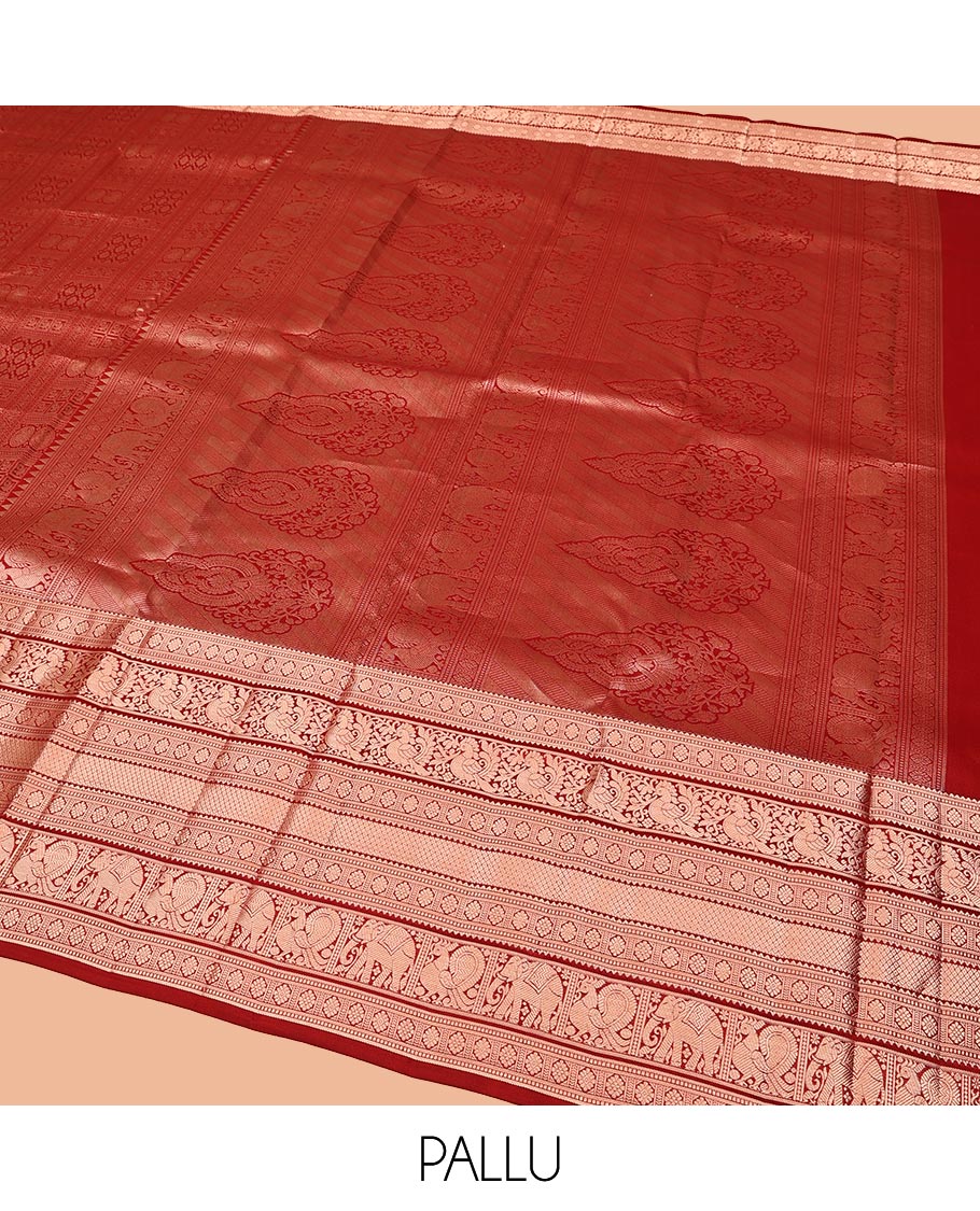 Red Kanchipuram Wedding Silk Saree, Spotlighted with Jacquard on Its Body, Highlighted by a Zari Border of Rekku, Muthu, Laddu Kamalam, Mayil, Mayil Kann, Ad Yaanai Designs, Meticulously Crafted Pallu, and Paired with a Matching Blouse - Image 5