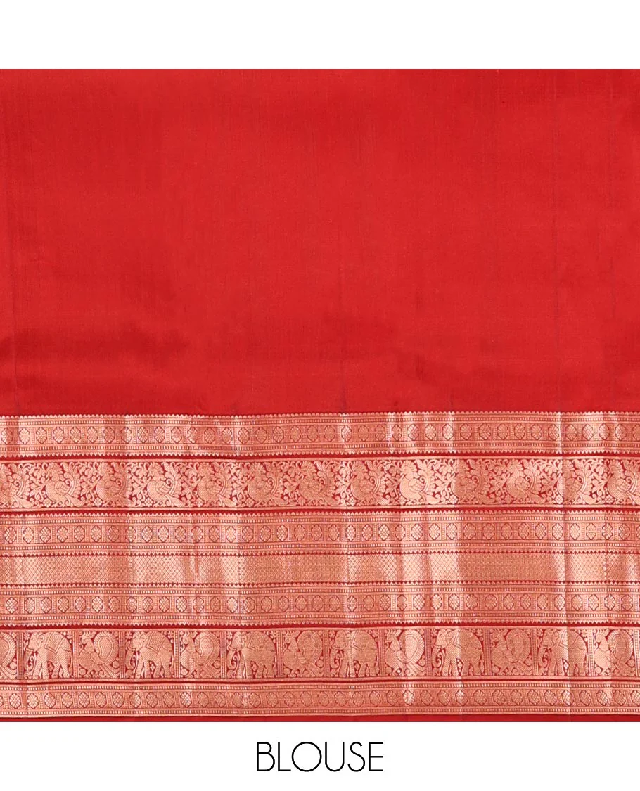 Red Kanchipuram Wedding Silk Saree, Spotlighted with Jacquard on Its Body, Highlighted by a Zari Border of Rekku, Muthu, Laddu Kamalam, Mayil, Mayil Kann, Ad Yaanai Designs, Meticulously Crafted Pallu, and Paired with a Matching Blouse - Image 6