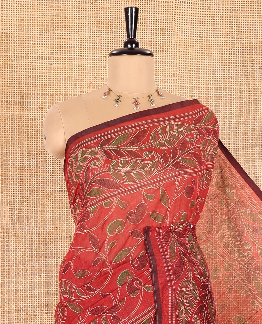 Red Khadi Cotton Saree Mesmerized with Kalamkari-Style Paisley-Floral Prints, Subtly Sparkled with Self-Border of Floral Creeper Designs, Complemented by Contrast Paisley-Floral Vine Pallu, and Paired with a Contrast Printed Blouse - Image 2