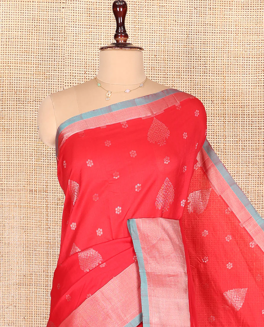 Red Kuppadam Cotton Saree, Gleamed Up with Zari Buttas All Over Its Body, Complemented by a Bavanji Border, Pallu of Intricate Designs, and Paired with a Contrast Blouse - Image 2