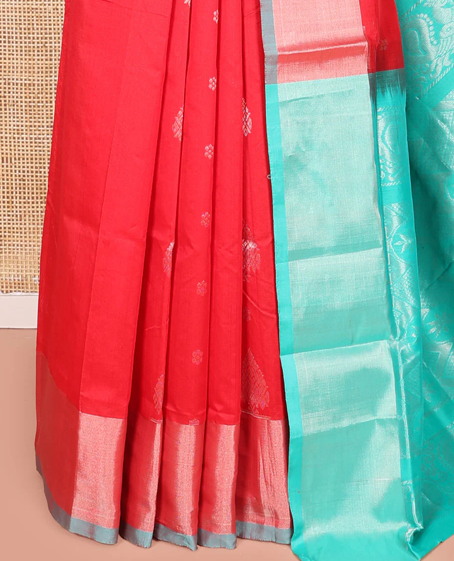 Red Kuppadam Cotton Saree, Gleamed Up with Zari Buttas All Over Its Body, Complemented by a Bavanji Border, Pallu of Intricate Designs, and Paired with a Contrast Blouse - Image 3