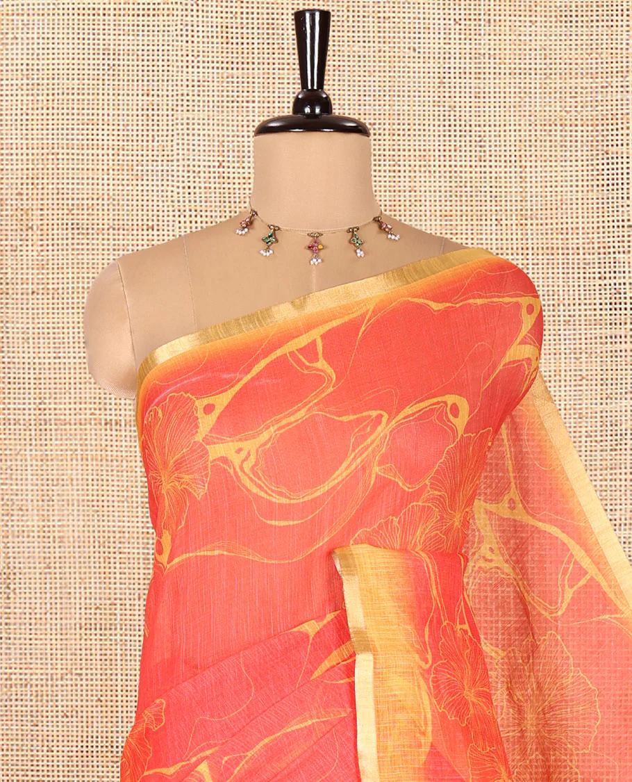 Red Linen Cotton Saree, Elevated with Abstract Floral Print On Its Body, Subtle Piping Border, Pallu of Floral and Geometric Print, and Paired with a Contrast Blouse - Image 2