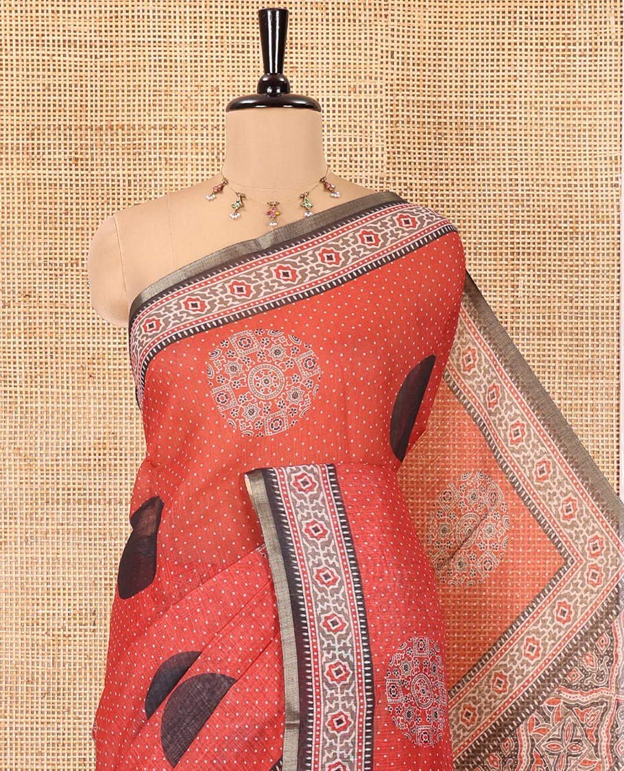 Red Linen Cotton Saree, Enthralled with Polka Dots and Ajrakh Polka Dot Printed on Its Body, Complemented by a Contrast Ajrakh Printed Border, Intricately Ajrakh Printed Pallu, and Paired with a Contrast Blouse - Image 2