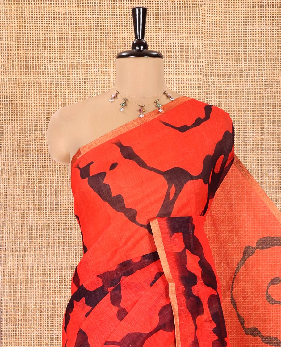 Red Linen Cotton Saree, Showcasing Shibori Printed on Its Body, Subtle Piping Border, Pallu of Floral Vine Print, and Paired with a Contrast Floral Vine Printed Blouse - Image 2