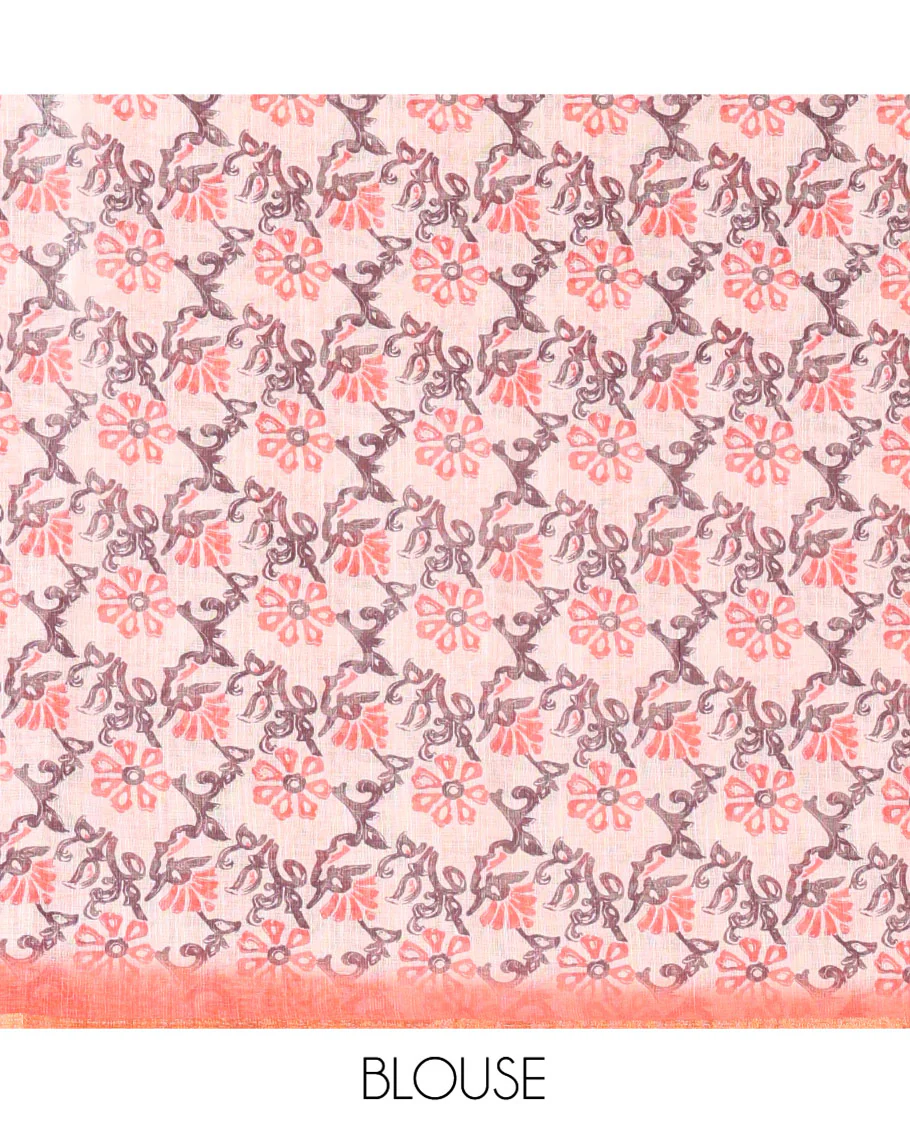 Red Linen Cotton Saree, Showcasing Shibori Printed on Its Body, Subtle Piping Border, Pallu of Floral Vine Print, and Paired with a Contrast Floral Vine Printed Blouse - Image 3