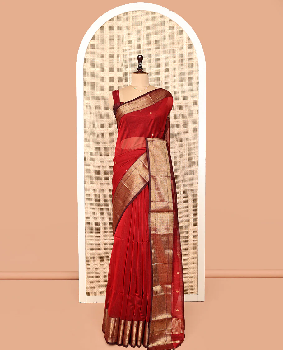 Red Maheshwari Cotton Saree, Accentuated with Buttas All Over Its Body, Complemented by a Contrast Traditional Zari Woven Border of Chevron Designs, Pallu Mirrors the Same Design, and Paired with a Matching Blouse - Image 3