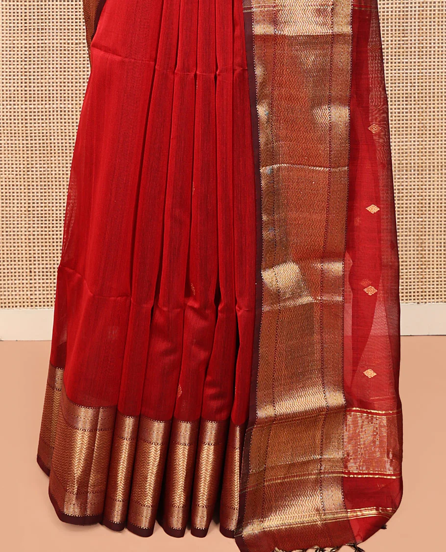 Red Maheshwari Cotton Saree, Accentuated with Buttas All Over Its Body, Complemented by a Contrast Traditional Zari Woven Border of Chevron Designs, Pallu Mirrors the Same Design, and Paired with a Matching Blouse - Image 4