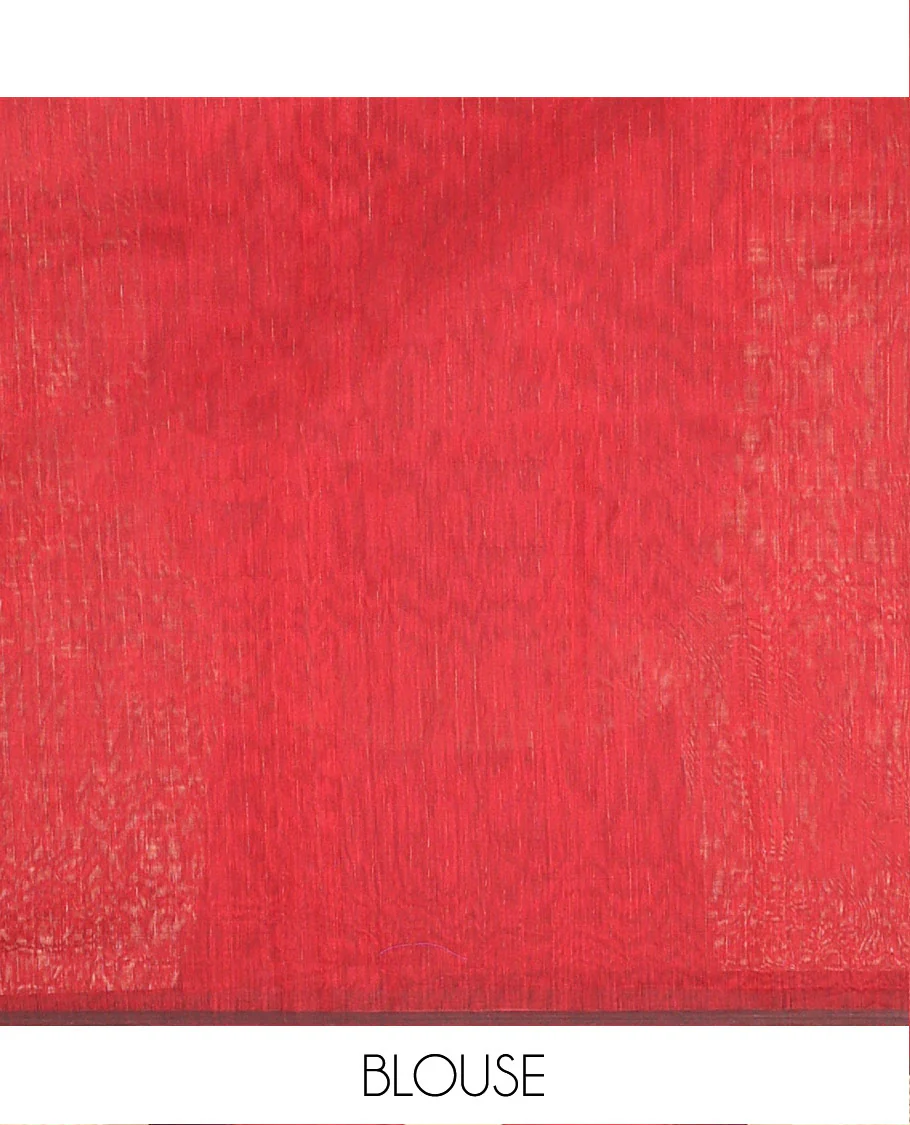 Red Maheshwari Cotton Saree, Accentuated with Buttas All Over Its Body, Complemented by a Contrast Traditional Zari Woven Border of Chevron Designs, Pallu Mirrors the Same Design, and Paired with a Matching Blouse - Image 5
