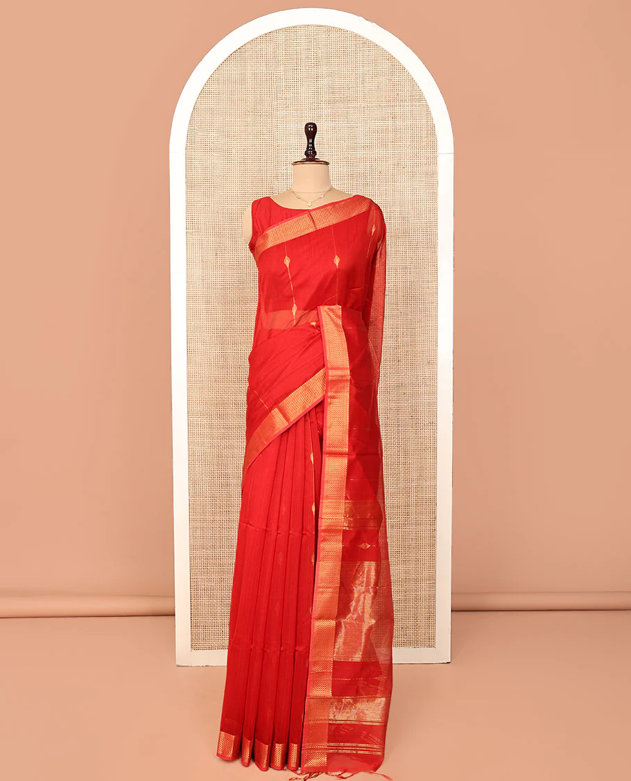 Red Maheshwari Cotton Saree, Accentuated with Diamond Stripes on Its Body, Highlighted by Zari Border of Chevron Designs, Gleaming Pallu Steeped with Zari Stripes, and Paired with a Matching Blouse - Image 3