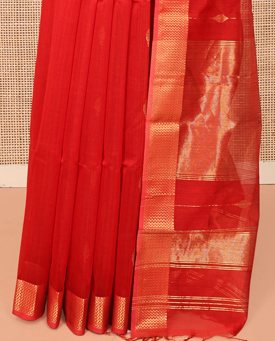 Red Maheshwari Cotton Saree, Accentuated with Diamond Stripes on Its Body, Highlighted by Zari Border of Chevron Designs, Gleaming Pallu Steeped with Zari Stripes, and Paired with a Matching Blouse - Image 4