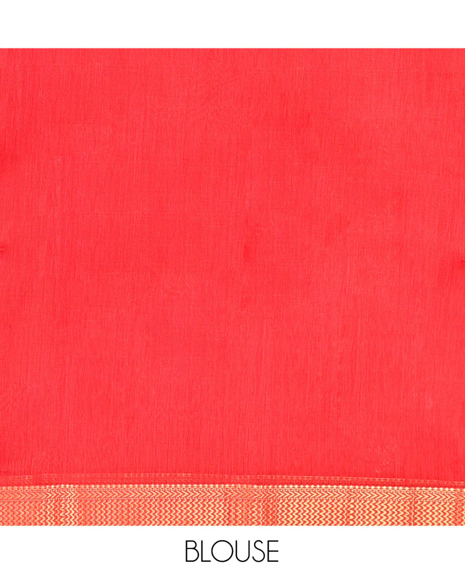 Red Maheshwari Cotton Saree, Accentuated with Diamond Stripes on Its Body, Highlighted by Zari Border of Chevron Designs, Gleaming Pallu Steeped with Zari Stripes, and Paired with a Matching Blouse - Image 5