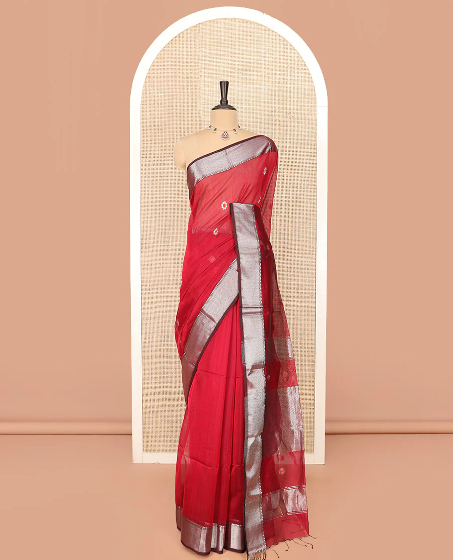 Red Maheshwari Cotton Saree Bedecked with Floral Zari Buttas, Graced with Contrast Chevron Striped Zari Border, Pallu Elevated with Zari Stripes, and Paired with a Matching Blouse - Image 3