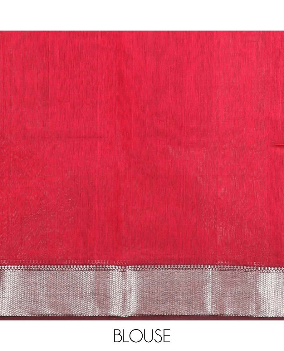 Red Maheshwari Cotton Saree Bedecked with Floral Zari Buttas, Graced with Contrast Chevron Striped Zari Border, Pallu Elevated with Zari Stripes, and Paired with a Matching Blouse - Image 5