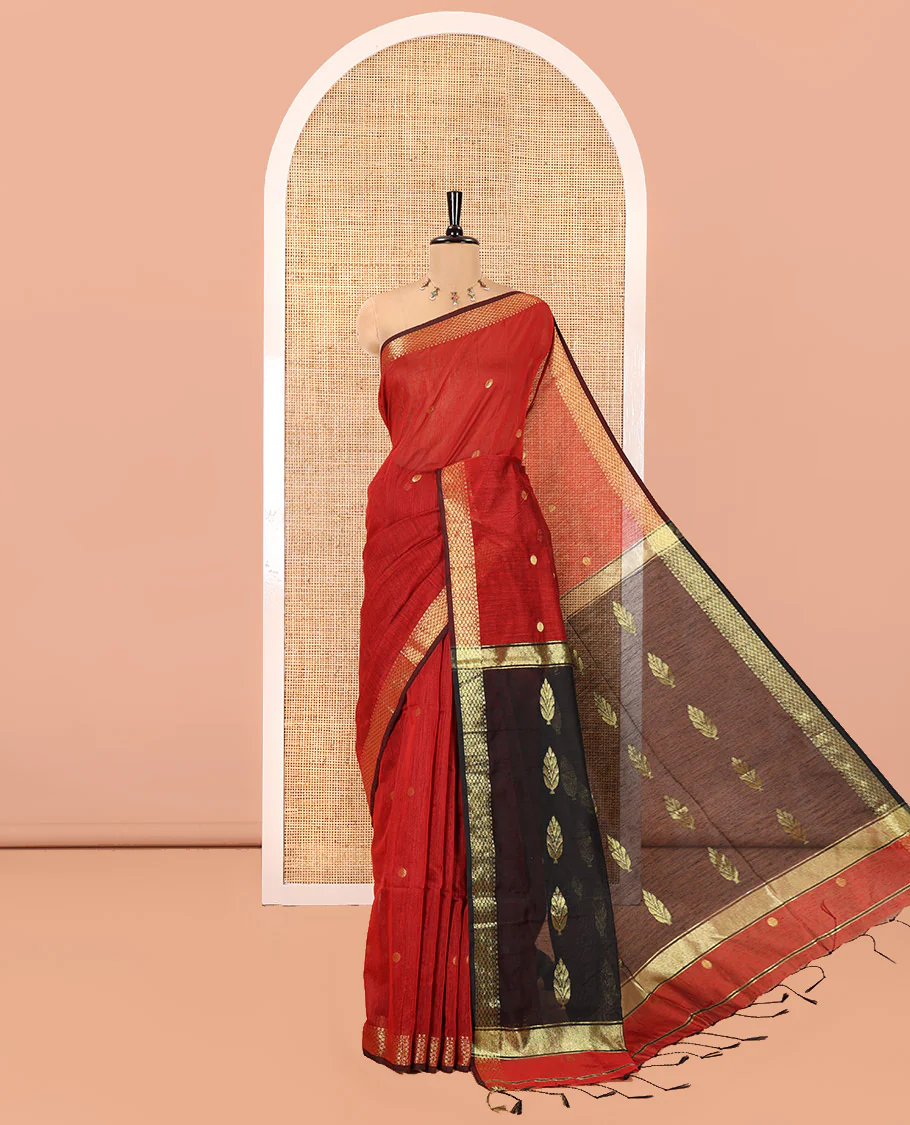 Red Maheshwari Cotton Saree,  Flower Buttas All Over Its Body, Highlighted by Zari Border, Pallu of Contrast Floral Buttas, and a Contrast Blouse