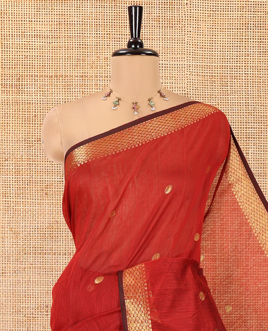 Red Maheshwari Cotton Saree,  Flower Buttas All Over Its Body, Highlighted by Zari Border, Pallu of Contrast Floral Buttas, and a Contrast Blouse - Image 2