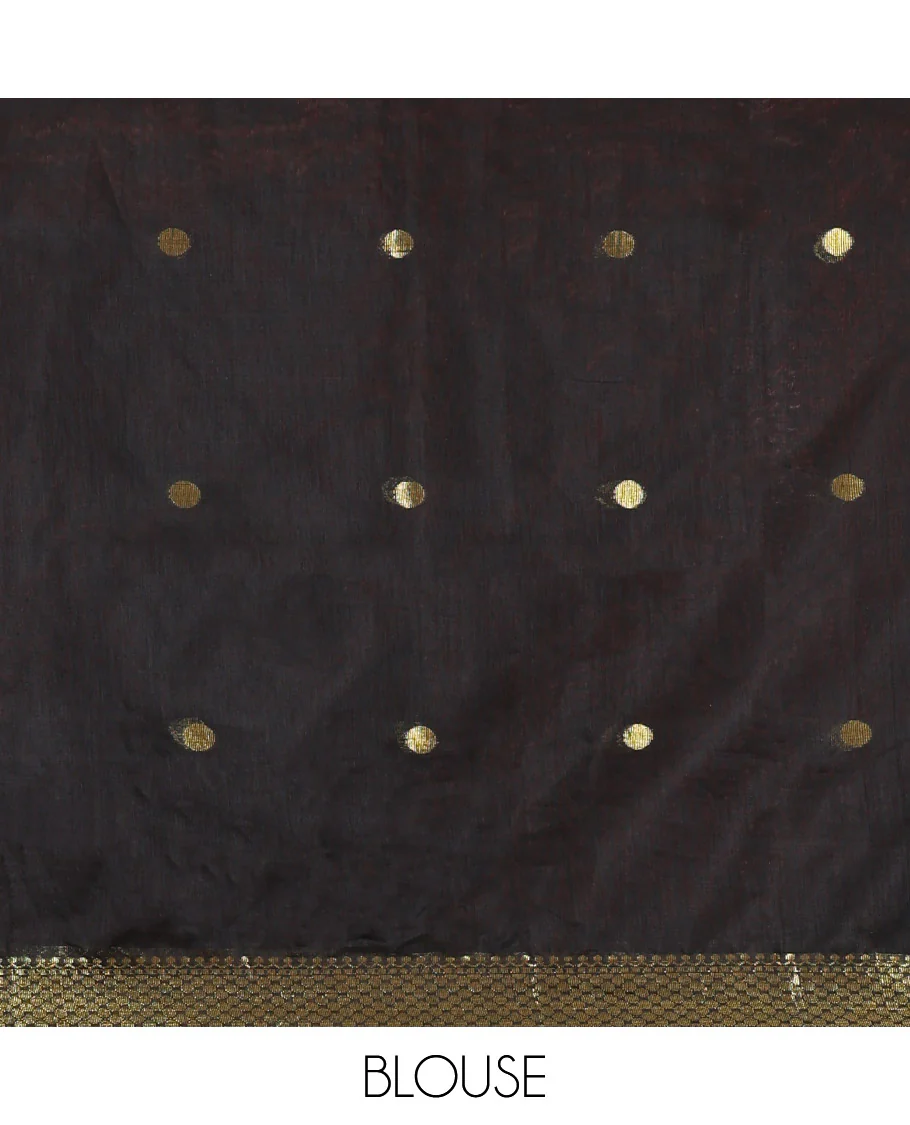 Red Maheshwari Cotton Saree,  Flower Buttas All Over Its Body, Highlighted by Zari Border, Pallu of Contrast Floral Buttas, and a Contrast Blouse - Image 3