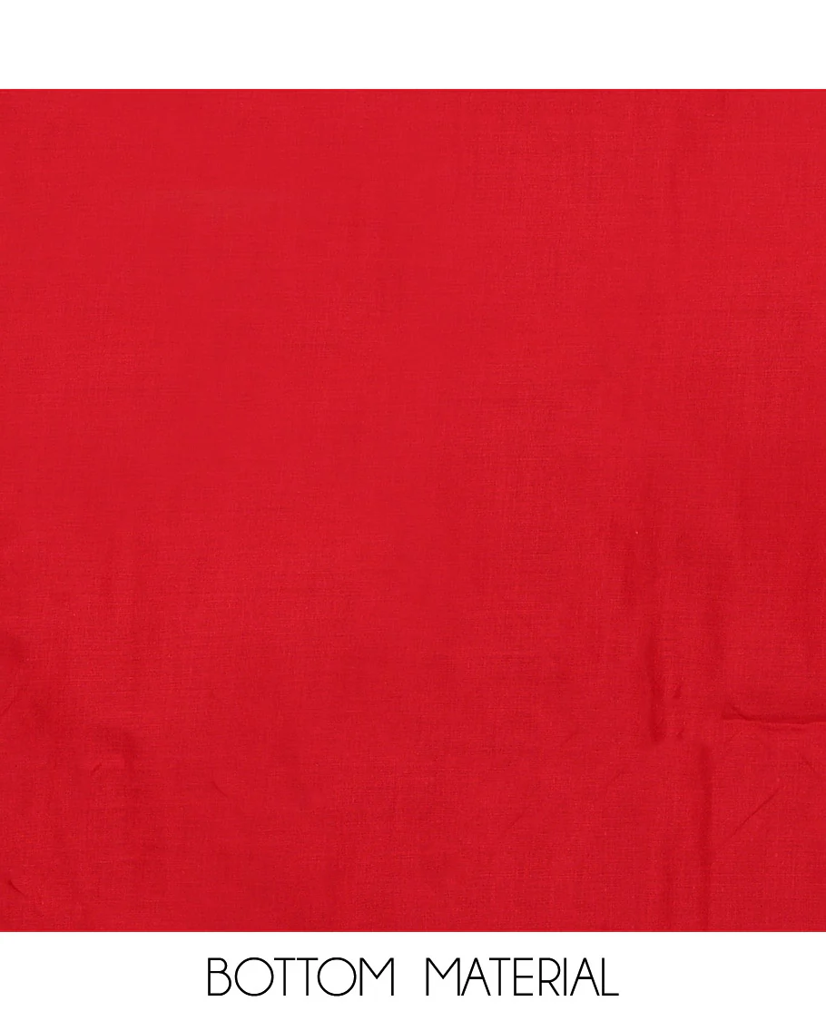 Red Material Chudidar Set, Decked Up with Floral Print and Neck Embroidery on Rayon Top, a Plain Rayon Bottom, and Paired with a Matching Embroidered Chanderi Silk Dupatta - Image 3
