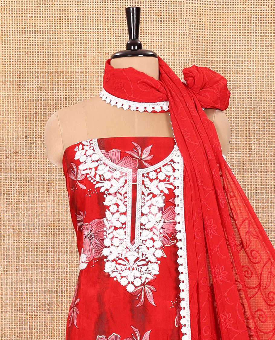 Red Material Chudidar Set Elevated with Phulkari-Style Floral Embroidery and Floral Print Rayon Top, Subtly Made Plain Rayon Bottom, and a Chiffon Georgette Dupatta of Floral Theme Designs - Image 3