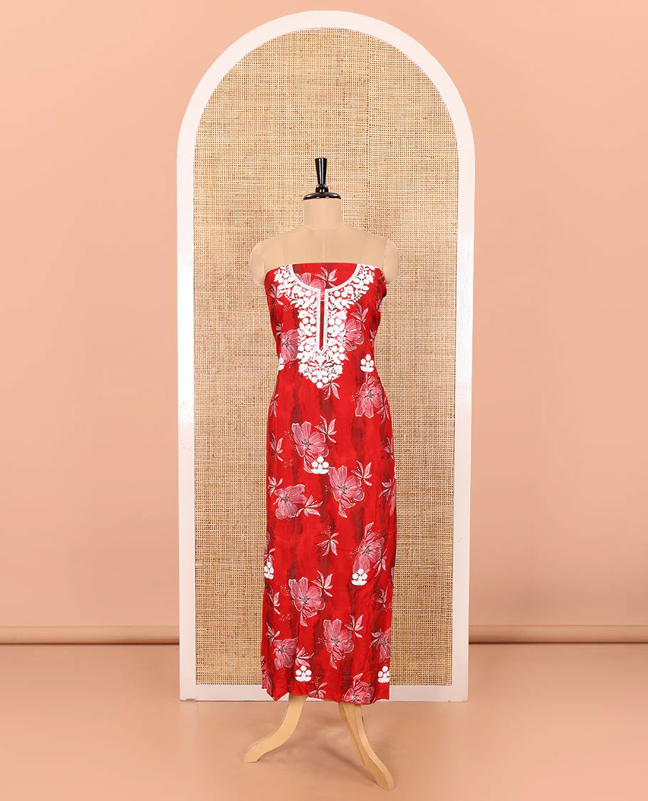 Red Material Chudidar Set Elevated with Phulkari-Style Floral Embroidery and Floral Print Rayon Top, Subtly Made Plain Rayon Bottom, and a Chiffon Georgette Dupatta of Floral Theme Designs - Image 4