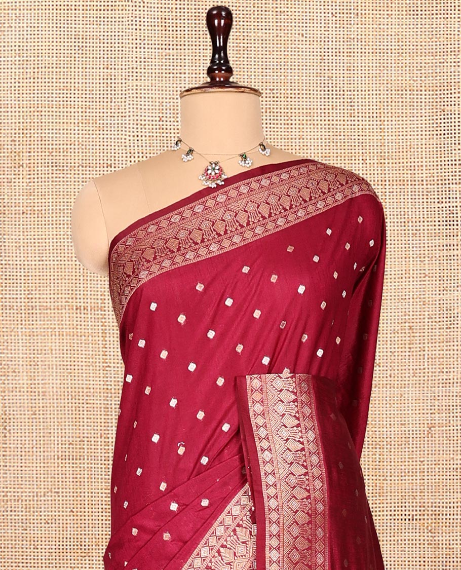 Red Matka Silk Saree, Detailed with Buttas on Its Body, Highlighted by a Geometric Patterned Border, Complemented by a Contrast Pallu of Jaal Designs, and Paired with a Contrast Blouse - Image 2