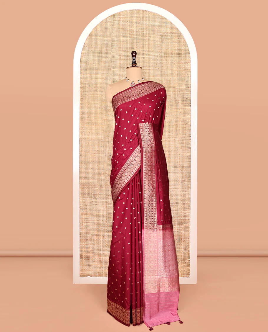 Red Matka Silk Saree, Detailed with Buttas on Its Body, Highlighted by a Geometric Patterned Border, Complemented by a Contrast Pallu of Jaal Designs, and Paired with a Contrast Blouse - Image 3