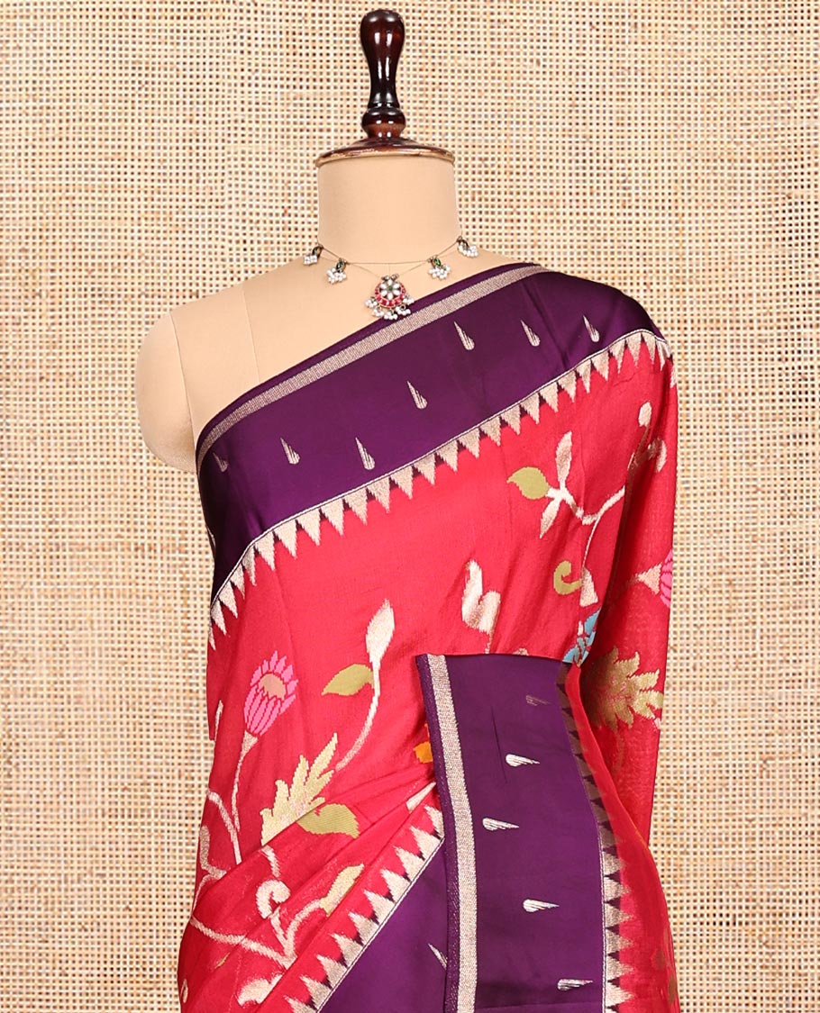 Red Matka Silk Saree, Gracefully Embellished with Meenakari Floral Vine Design All Over Its Body, Complemented by Contrast Temple Border of Buttas, Pallu of Floral Designs, and Paired with Contrast Blouse - Image 2