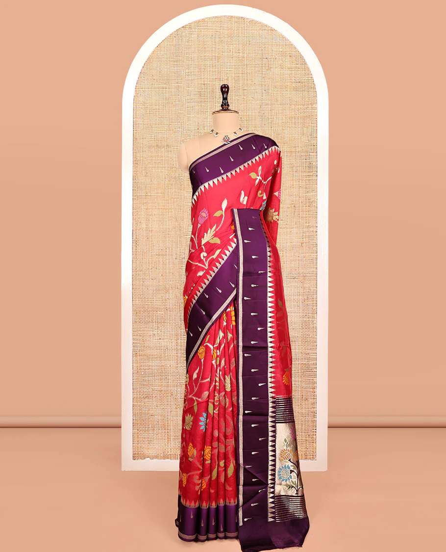 Red Matka Silk Saree, Gracefully Embellished with Meenakari Floral Vine Design All Over Its Body, Complemented by Contrast Temple Border of Buttas, Pallu of Floral Designs, and Paired with Contrast Blouse - Image 3