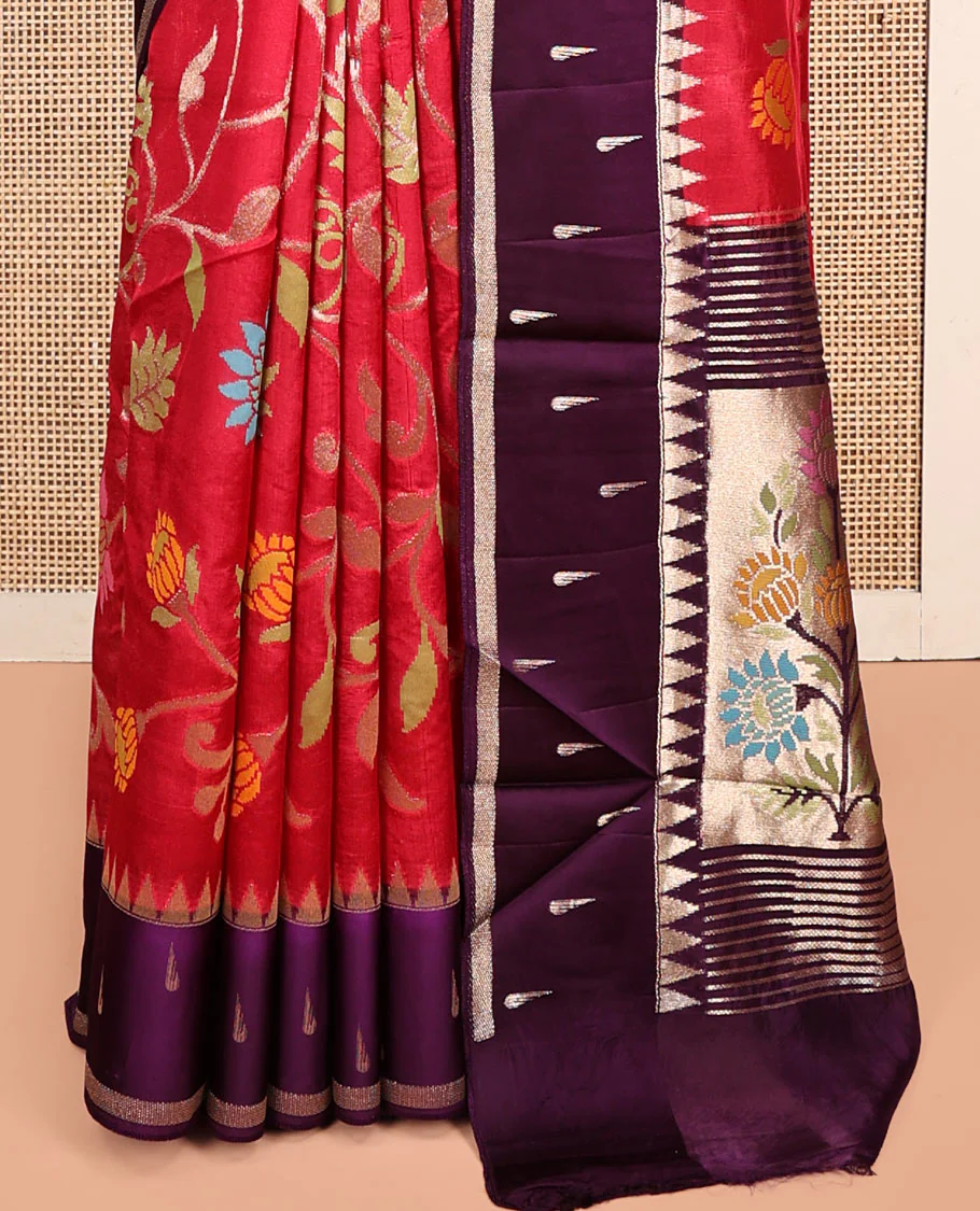 Red Matka Silk Saree, Gracefully Embellished with Meenakari Floral Vine Design All Over Its Body, Complemented by Contrast Temple Border of Buttas, Pallu of Floral Designs, and Paired with Contrast Blouse - Image 4