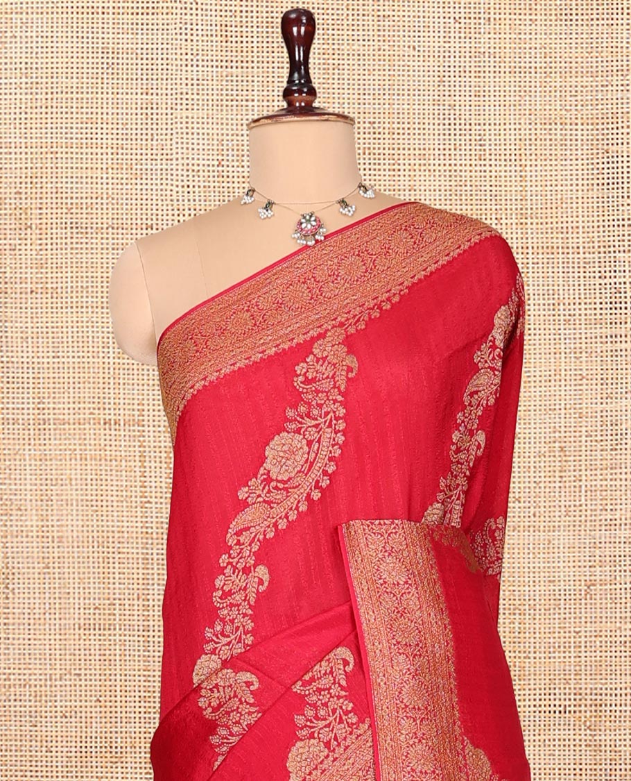 Red Matka Silk Saree, Impeccably Styled with Floral Jaal Jacquard Design on Its Body, Highlighted by Traditional Design Border, Intricately Designed Pallu, and Paired with a Matching Blouse - Image 2