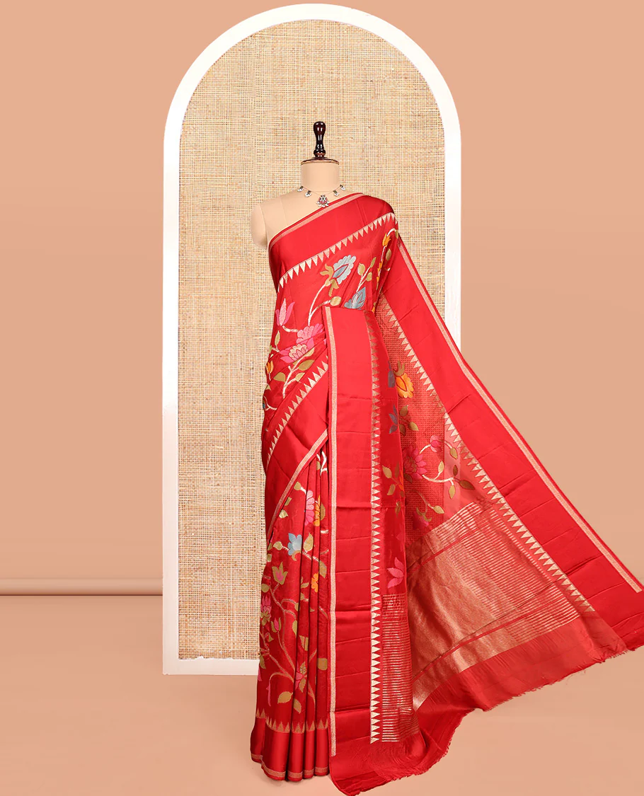 Red Matka Silk Saree, Mesmerized with Floral Vine Design All Over Its Body, Highlighted by a Self-Border of Temple Designs, Zari Striped Pallu, and Paired with Matching Blouse