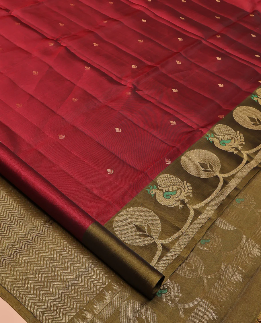 Red Mayuri Lite Silk Mix Saree, Accentuated with Zari Buttas All Over Its Body, Complemented by Contrast Border of Peacock Designs, Contrast Pallu of Vanki Designs, and Paired with a Contrast Blouse - Image 2